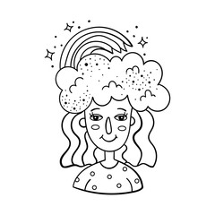 Doodle illustration of a magical girl with clouds and a rainbow on her head. Cartoon illustration.