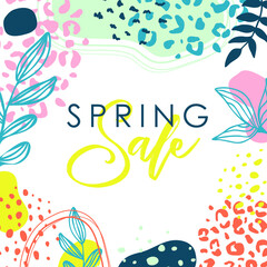 Fototapeta na wymiar Spring. Trendy flowers abstract art template. Suitable for social media posts, mobile apps, banners design. Vector fashion backgrounds. Leaves and plants. Spring holidays. Sale banner