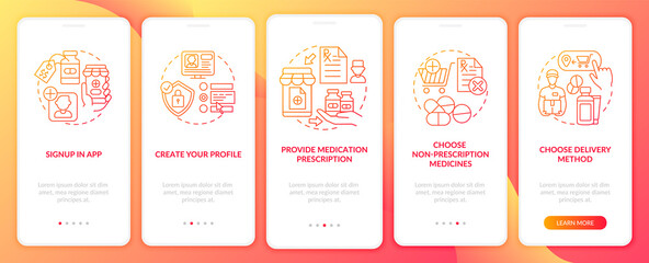 Online medication order steps onboarding mobile app page screen with concepts. Choose delivery method walkthrough 5 steps graphic instructions. UI vector template with RGB color illustrations