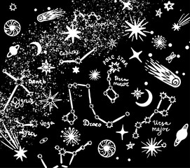 Constellations map in doodle style with planets, comets and stars. Night sky hand drawn astronomical background. © MerianIva