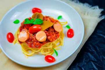 Delicious spaghetti served on  plate