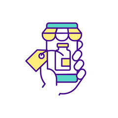 Hand holding jar of pills RGB color icon. Name of tablets. Buying medicine online tips. Painkillers. High quality pharmacies threats. Prescription medications. Isolated vector illustration