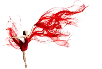 Tuinposter Ballerina Dance. Woman dancing Red Fabric. Graceful Ballet Dancer jumping in Air. Red Cloth flying waving on Wind. Isolated White Background © inarik