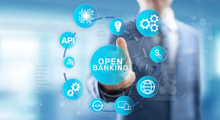 Open banking financial technology fintech concept on virtual screen.