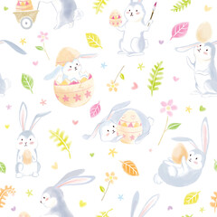 Obraz na płótnie Canvas Easter rabbits with egg seamless pattern for kids apparel, fabric, wrapping paper. watercolour style.