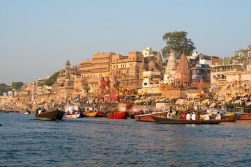 Varanasi / India 27 March 2018 View of Prayag Ghat and Dashaswamedh Ghat from Ganges river at...