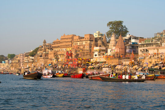 Varanasi / India 27 March 2018 View of Prayag Ghat and Dashaswamedh Ghat from Ganges river at Varanasi  Uttar Pradesh India