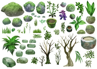Garden scene creator set with mossy stones, plants, trees and other floral elements