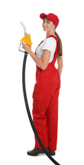 Gas station worker with fuel nozzle on white background