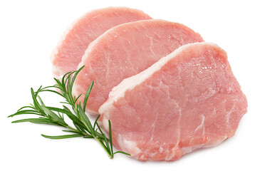 sliced raw pork meat with rosemar isolated on white background. Clipping path and full depth of field