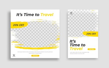 Travel Editable minimal square banner template. yellow white background color with geometric shapes for social media post and web internet ads. Vector illustration