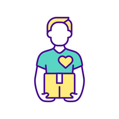 Delivery of medicines RGB color icon. Courier with a parcel in his hands. T-shirt with a heart sign. Online pharmacy. Convenience of using online services. Isolated vector illustration