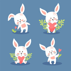 Set of cute Easter or Valentine bunnies. Lovely little rabbits collection. Vector illustration, cartoon flat style. Small kittens in different poses, holding flowers and hearts, isolated