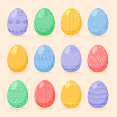 Set of Easter eggs decorated with Scandinavian style patterns and ornaments. Collection of cartoon flat style painted eggs. Vector illustration isolated