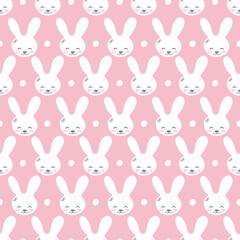 Seamless pattern with cute rabbit muzzles, flat handdrawn style. Geometric ornament with little bunnies. Kitten’s pretty heads with little ears. Rhombus greed style pattern vector illustration
