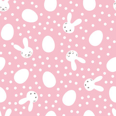 Seamless pattern with cute rabbit muzzles, flat handdrawn style. Surface design with little bunnies and Easter eggs. Kitten’s pretty heads and painted eggs. Vector illustration