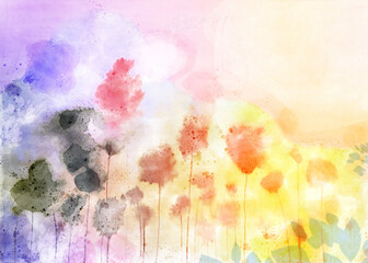 Bright stains watercolor flowers, wash technique. Light colors summer field concept illustration. Abstract watercolor stains for backgrounds.