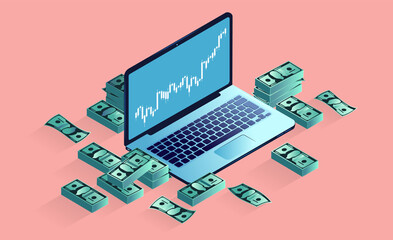 Make money with computer - Laptop with money and rising graph on screen. Digital investing and earnings concept. Vector illustration.