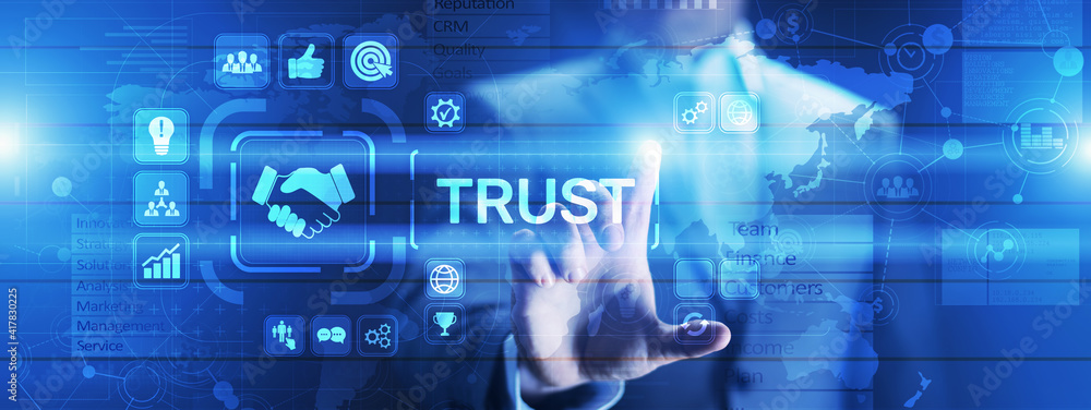 Poster trust customer relations reliability business concept. pointing and pressing on virtual screen.