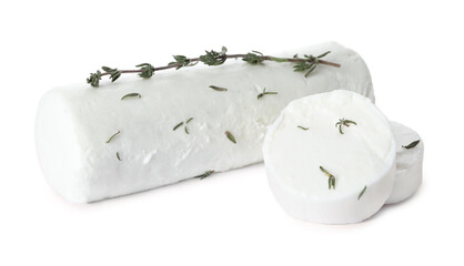 Delicious goat cheese with thyme on white background