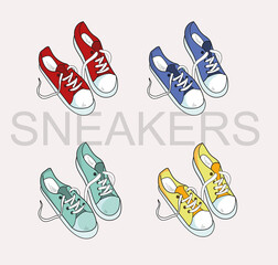 sneakers in four shades with a black outline in the style of doodle. Design element, icon.