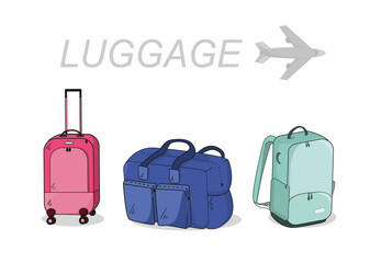Luggage bags for travel. A suitcase on wheels, a soft sports bag and a backpack. The element of design, layout.