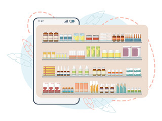 Purchase medicines online using your phone. Vector illustration