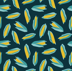 Seamless pattern of corn, isolated on a blue background. Hand-drawn corn in flat style. Illustration of vegetables. Suitable for illustrating healthy eating, recipes, local farm.