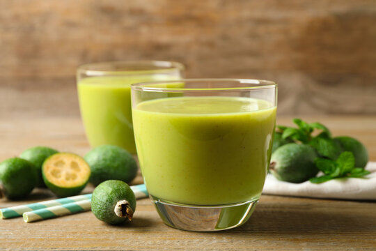 Freshly made feijoa smoothie on wooden table