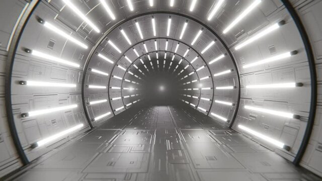 Abstract animation loop futuristic Sci Fi corridor blue neon tube lights glowing. Floor room with reflections empty space. Spaceship, Future, Arch. 3D 4K loop animation