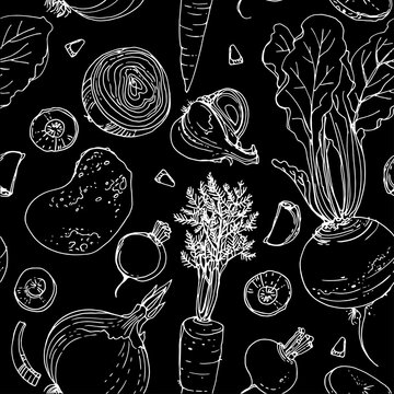 Pattern of painted vegetables line drawn on a black background. Skertch autumn harvest. Fresh food.