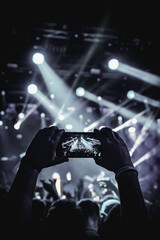 Hand with the smartphone turned on to record or take pictures during the live concert.