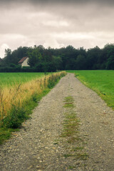 Pathway to a country house under cloudy sky.