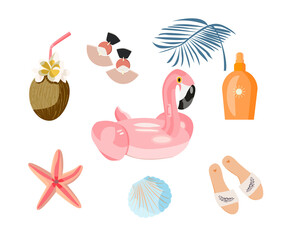 Summer items. Vector cartoon illustration isolated on white background