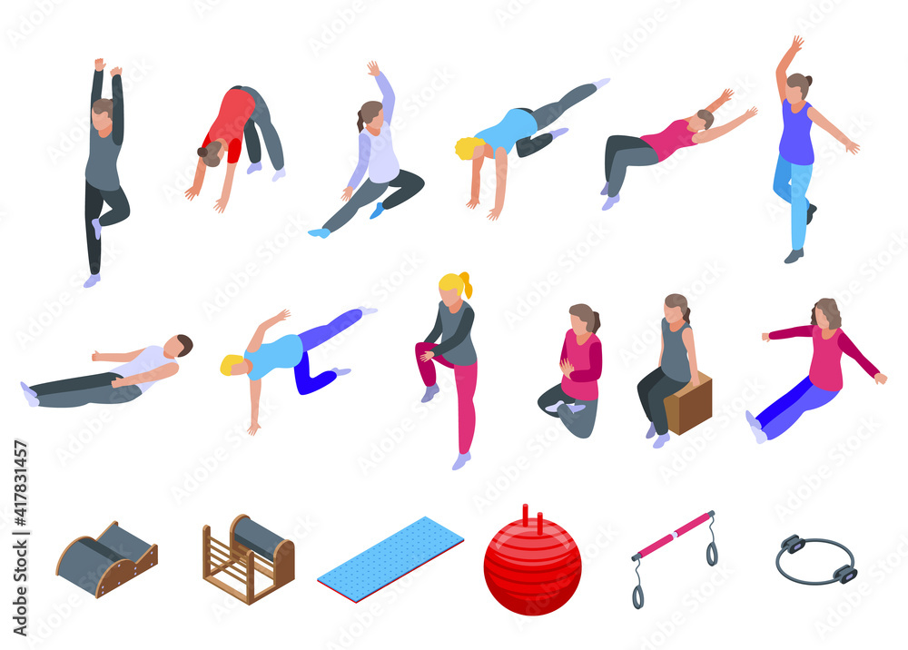 Poster pilates icons set. isometric set of pilates vector icons for web design isolated on white background