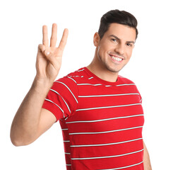Man showing number three with his hand on white background