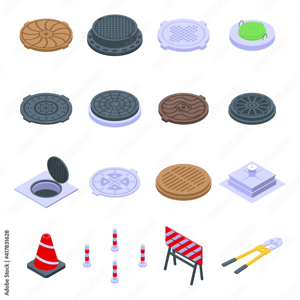 Poster manhole icons set. isometric set of manhole vector icons for web design isolated on white background
