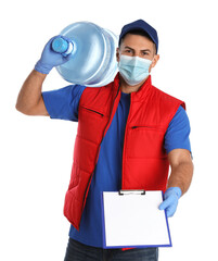 Fototapeta na wymiar Courier in face mask with clipboard and bottle of cooler water on white background. Delivery during coronavirus quarantine