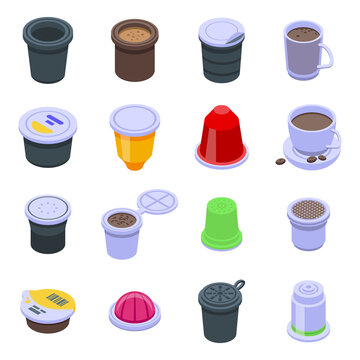 Capsule coffee icons set. Isometric set of capsule coffee vector icons for web design isolated on white background