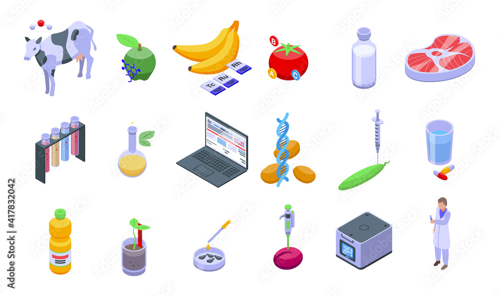 Poster gmo food icons set. isometric set of gmo food vector icons for web design isolated on white backgrou