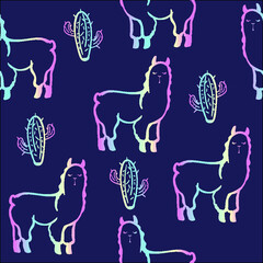 Seamless pattern with a cute lama and cactus. Pink Background for wrapping paper, rucksack, clothes, fabric, textiles, wallpaper, socks, web, cards. Vector animal illustration for kids.
