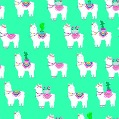 Seamless pattern with a cute lama and cactus. Pink Background for wrapping paper, rucksack, clothes, fabric, textiles, wallpaper, socks, web, cards. Vector animal illustration for kids. © SokolArtStudio