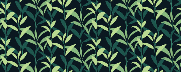 Tea leaves background vector. Seamless pattern with rich and neon green leaves on a dark background. Mysterious backdrop. Hand drawn fresh botanical design for fabrics, wallpapers, prints... Vector.