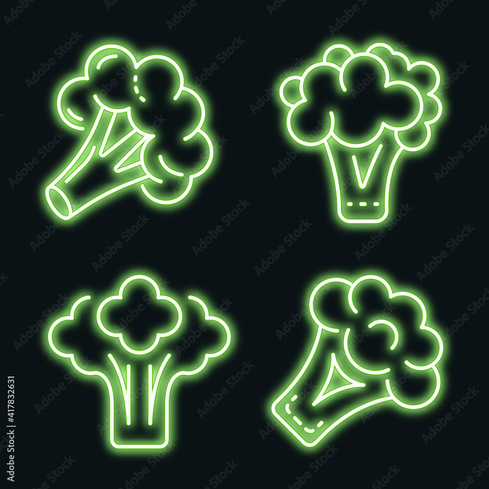 Poster broccoli cabbage icon set. outline set of broccoli cabbage vector icons neon color on black