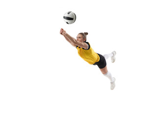 Flying. Young female volleyball player isolated on white studio background. Woman in sportswear training and practicing in action, flight. Concept of sport, healthy lifestyle, motion and movement.
