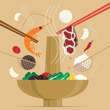 Graphic illustration of a Chinese hot pot meal