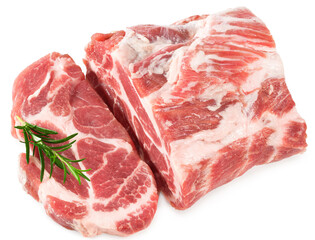 sliced raw pork meat with rosemar isolated on white background. Clipping path and full depth of field