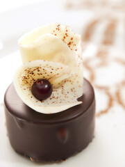 black and white chocolate small cake with berry