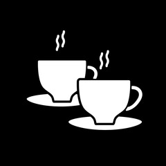 Two hot coffee cups dark mode glyph icon. 2 mugs of tea. Cafe beverages to drink together. Steaming latte. Cappuccino in cups. White silhouette symbol on black space. Vector isolated illustration