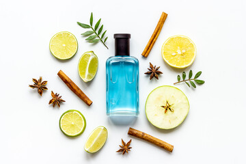 Flat lay of men perfume with flowers and citrus. Top view